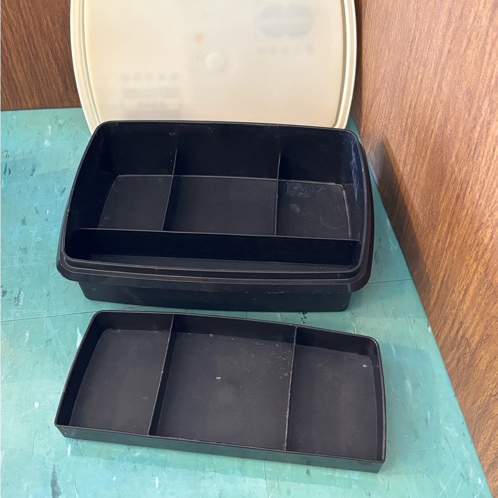 Vintage Tupperware cash box craft organizer container Tupper craft black